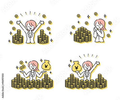 大量のコインと嬉しそうなスーツの女性（日本円）