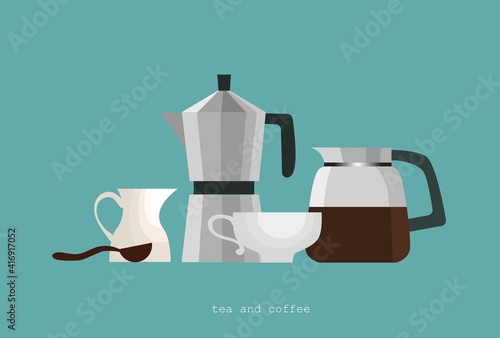 Tea and coffee set. Dishes in a simple style. Vector illustration. 