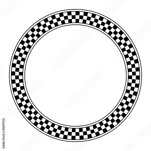Circle frame with checkered pattern. Round border with checkerboard pattern, made of a checkerboard diagram, consisting of black and white alternating squares, framed with lines. Illustration. Vector.