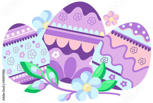 Set Easter eggs and pussy willow. Easter illustration for greating card, banner, party card, postcard. Spring holiday ornament concept. Vector EPS 8.
