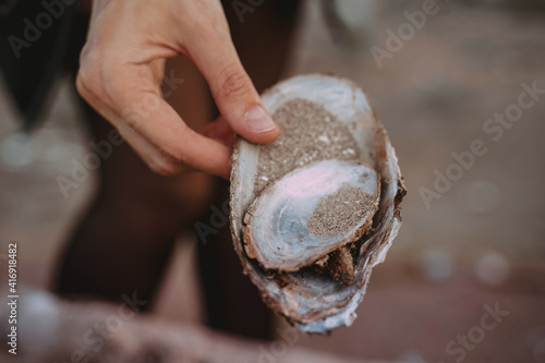 Large shell in the hands of a woman. Close up Outdoor