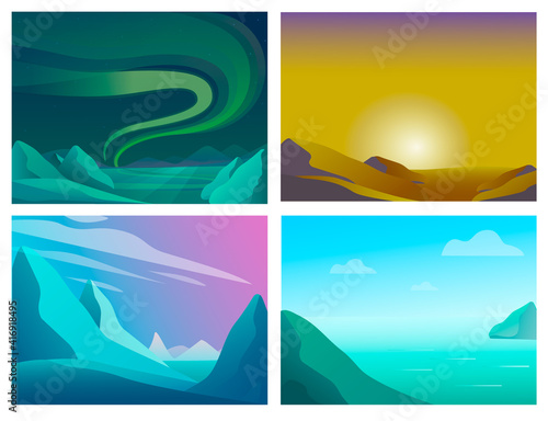 Set of vector landscapes in a minimalistic style with a gradient. Four beautiful landscapes of varied nature.