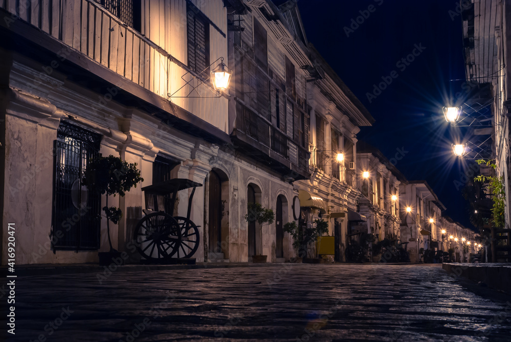 Empty cobbled street late in the evening