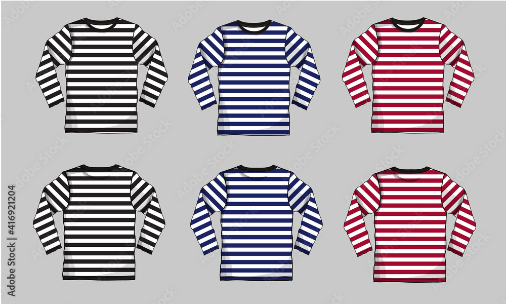 Long Sleeve Stripe Black, Navy Red Color T-shirt Sketch vector illustration template for men. Front and Back View. Long Sleeve Stripe Black, Navy Red Color T-shirt Sketch vector illustration template for men. Front and Back View.