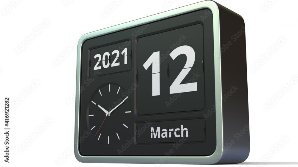 March 12 date on the retro flip clock calendar, 3d animation March 12 date on the retro flip clock calendar, 3d animation