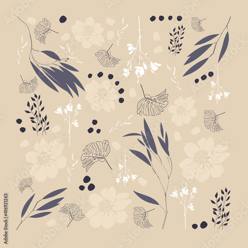 Creative floral posters. Square background with small pastel plants, dot, flowers, leaves. Hand-drawn minimalist illustrations for interior design, social media, covers, brochures.