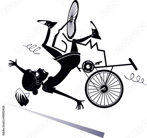 Cyclist woman falling down from the bicycle illustration. Cyclist woman falling down from the broken bicycle black on white illustration