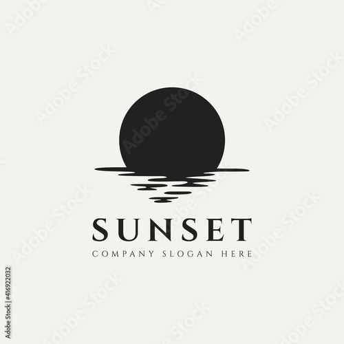 beach sunset silhouette logo template vector illustration design. simple modern vacation, travel, holiday logo concept