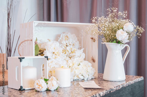 wedding decoration with white flowers and candles