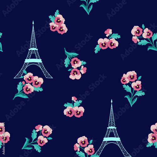 Seamless beautiful vector illustration of a stylized eiffel tower with pansies on a dark background.