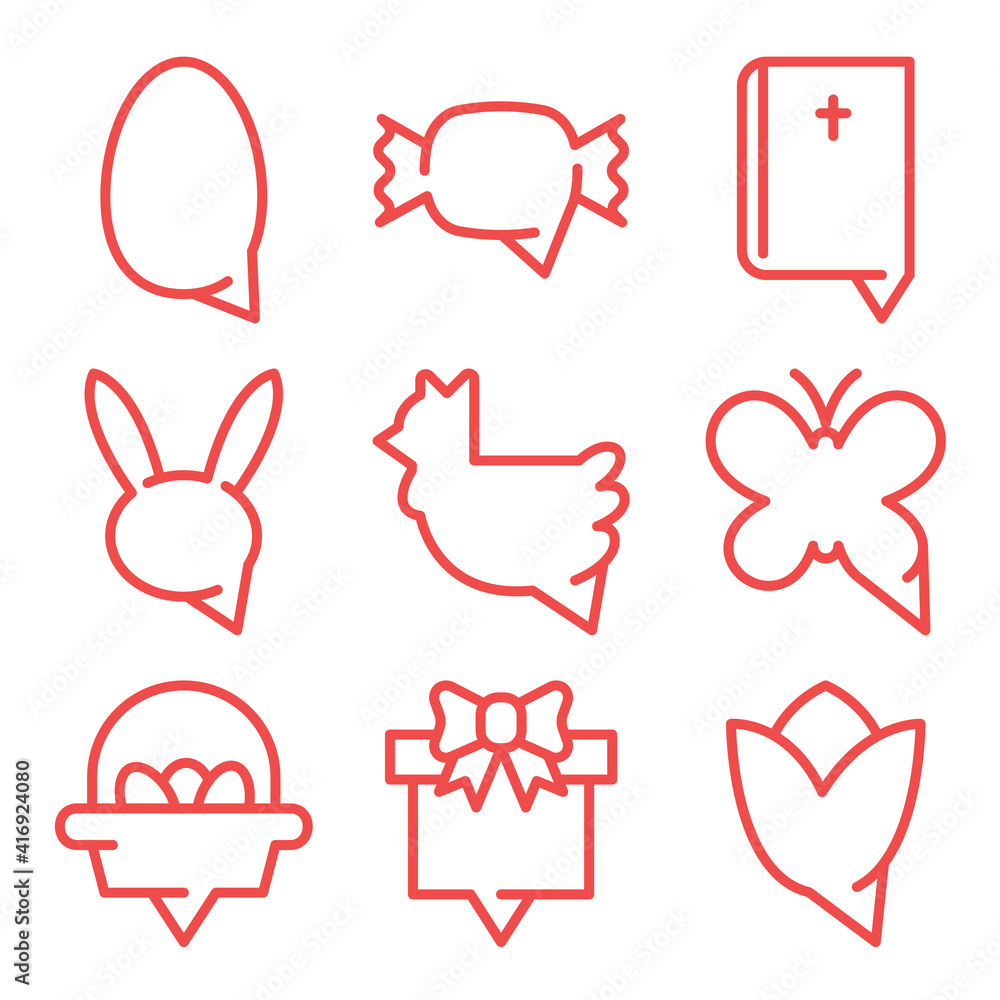Happy easter icon set. Text bubbles message thin detailed linear style.