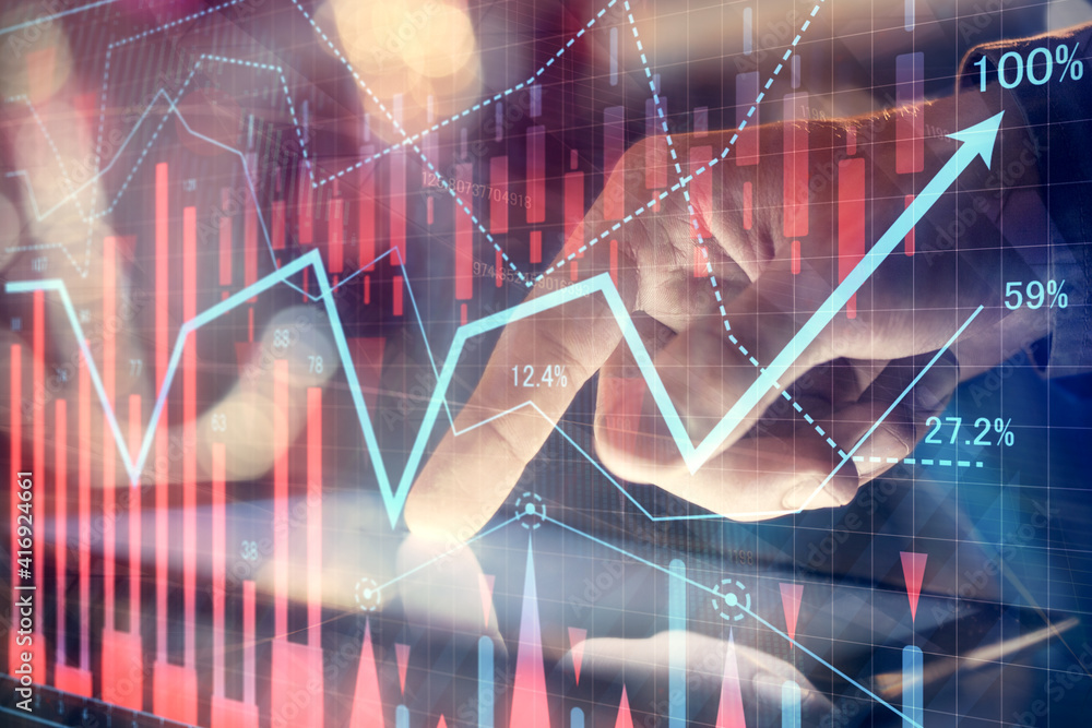 Multi exposure of man's hands holding and using a phone and financial chart drawing. Market analysis concept. Multi exposure of man's hands holding and using a phone and financial chart drawing. Market analysis concept.
