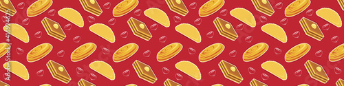 Novruz seamless background with sweets, pastry. baklava, shekerbura and qoqal, traditional bakery for Novruz 
