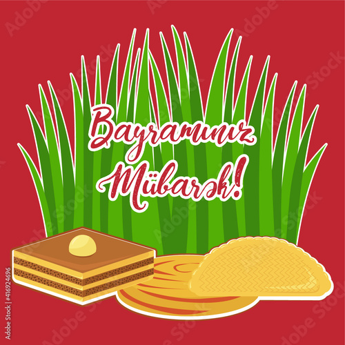 Happy Novruz greeting card with baklava, shekerbura and qoqal with wheat, vector illustration