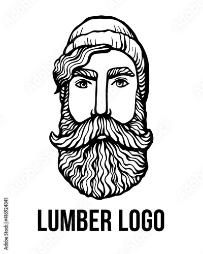 Lumber Hipster head with beard. Hand-Drawn Doodle. Vector Illustration - stock vector. Hand drawn cartoon character. Bearded man logo