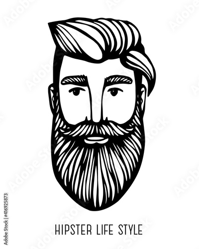 Hipster head with beard. Hand-Drawn Doodle. Vector Illustration - stock vector. Hand drawn cartoon character. Bearded man