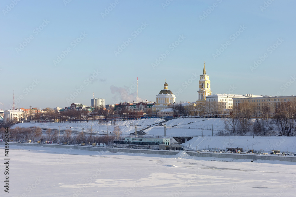 View of the embankment in the center of Perm with the building of the Cathedral of the Transfiguration of the Savior Cathedral in which the Perm State Art Gallery is located.