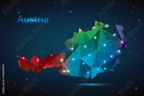 Abstract Polygon Map of Austria. Vector Illustration Low Poly Color Rainbow on Dark Background.
