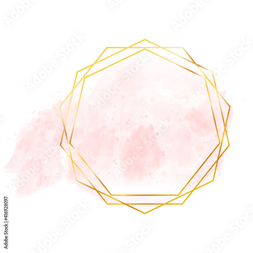 Abstract golden frame in art deco style with watercolor texture. Luxury gold frame for wedding invitations and cards.	