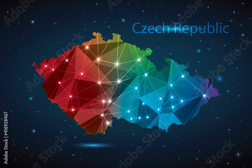 Abstract Polygon Map of Czech Republic. Vector Illustration Low Poly Color Rainbow on Dark Background.