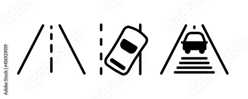 Vector icons of vehicle dashboard indicators. Such symbols include road lane, vehicle run-off road warning and following distance symbol. Editable line icon.