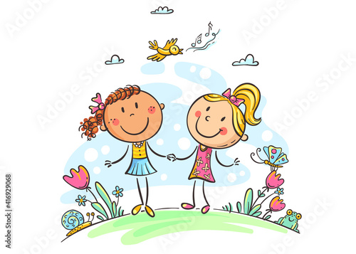 Friends walking outdoors, cartoon girls, vector illustration