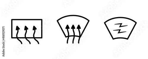 Vector icons of vehicle dashboard indicators. Such symbols include rear window heating, front and rear air conditioning instrument cluster. Editable line icon.
