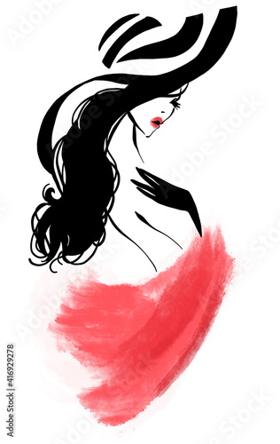 Digital watercolor black and white silhouette illustration. Beautiful woman model in big striped hat photo