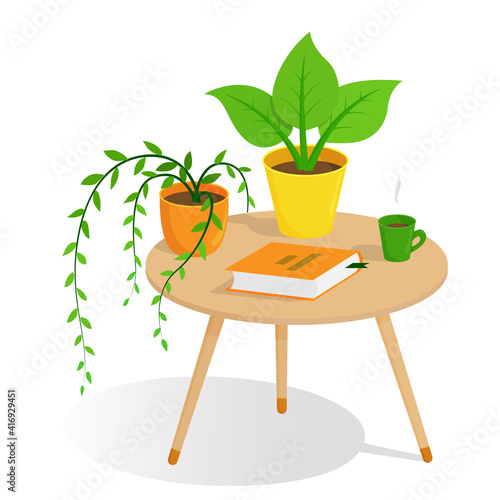 Part of the interior with house plants. Coffee table with a book and a cup of coffee. Colored cartoon objects on a white.
