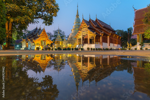Phra Sing temple landmark for tourist at Chiang Mai Thailand.Most favorite landmark for travel Phra Sing temple at night scene.