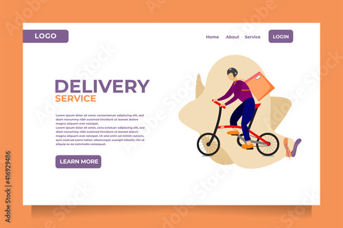 vector illustration, Concept of landing page on delivery service theme, delivery man driving bicycle with box illustration Landing page template. Easy to edit and customize.