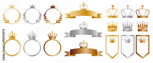 Set of advertising elements. Gold, silver and bronze decorative icons for advertisement, sales promotion, web and banner design. Vector illustration. ベストセラーデザイン素材、セールスプロモーションデザイン素材、ゴールド、シルバー、ブロンズアイコン