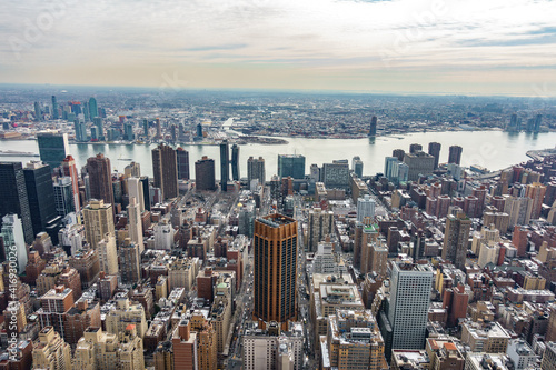 Aerial view of New York City Manhattan  with skyscrapers and streets.