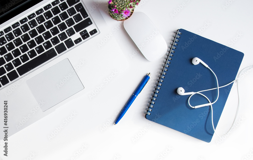 Flat lay photo of workspace desk. Top view office desk with laptop, pencil, notebook and plant on white color background. Top view with copy space, flat lay photography. Flat lay photo of workspace desk. Top view office desk with laptop, pencil, notebook and plant on white color background. Top view with copy space, flat lay photography.
