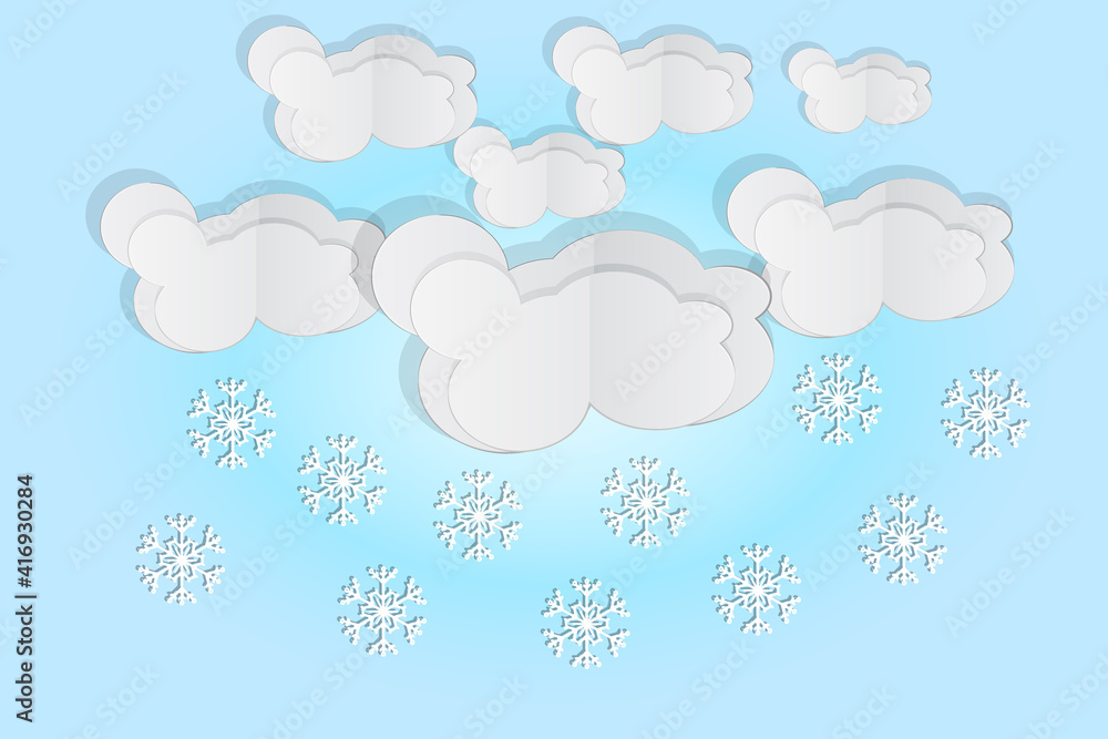 Paper cut clouds with snowflakes on blue sky background. Origami art snowing season. Forecast concept with snow from the cloudy sky. Paper sky. Winter time. Weather forecast. Stock vector illustration
