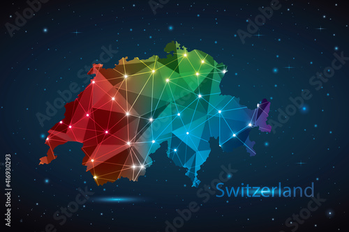 Abstract Polygon Map of Switzerland. Vector Illustration Low Poly Color Rainbow on Dark Background.