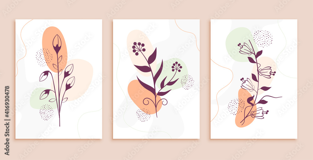 line art flowers and leaves abstract background set
