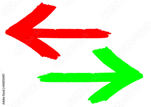 Red and green grungy arrows direction signs painted with hand brush with rough outline stroke texture and over white transparent background. Vector illustration.