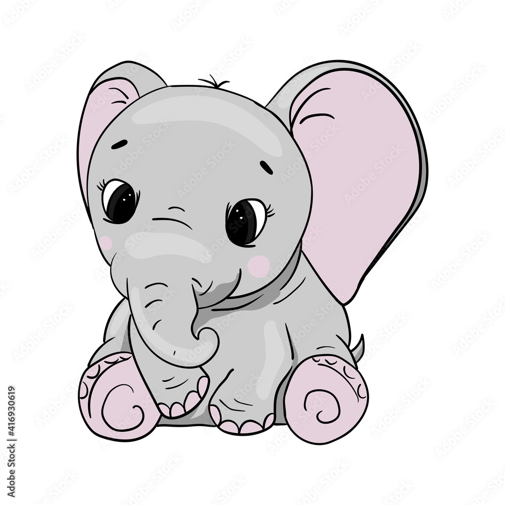 Fototapeta premium Cute baby elephant vector illustration isolated on white background. Hand draw illustration. 