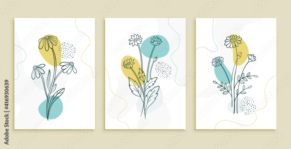 decorative line flower and leaves art posters set