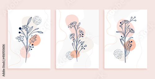 minimal line art flowers and leaves poster design