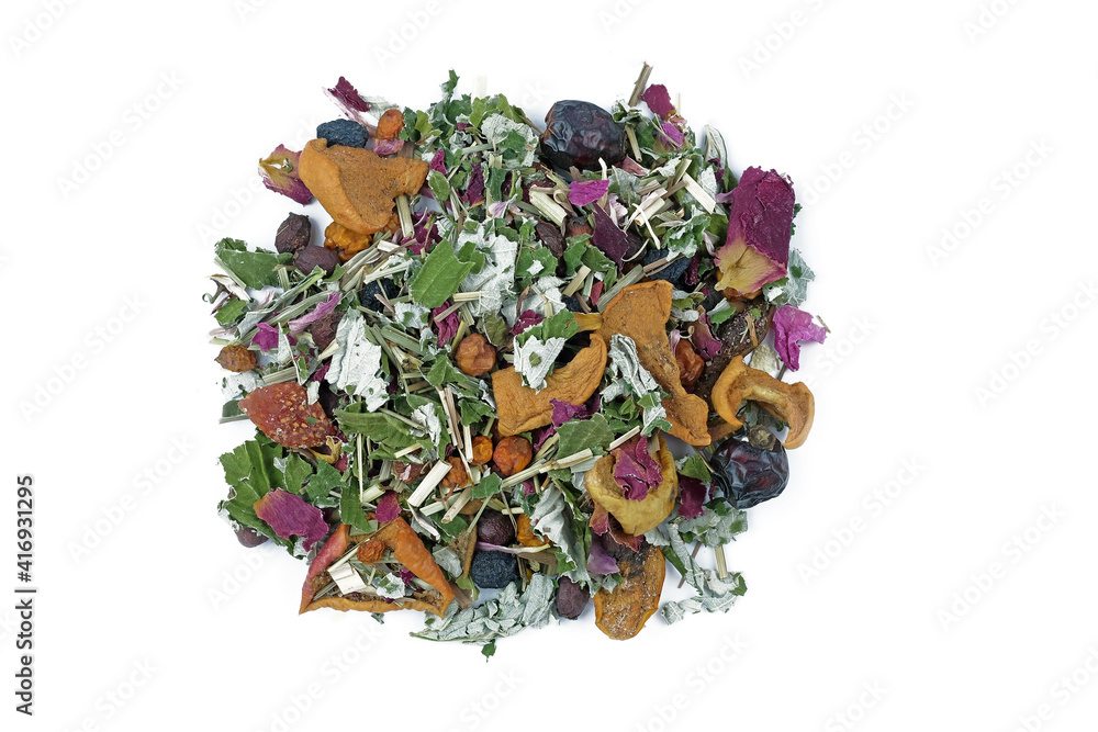 Herbal tea with pieces of apples and dried raspberries on a white background, top view. Dry raspberry leaves, berries, rose petals, dried fruits for making aromatic healthy tea. Natural homemade tea Herbal tea with pieces of apples and dried raspberries on a white background, top view. Dry raspberry leaves, berries, rose petals, dried fruits for making aromatic healthy tea. Natural homemade tea