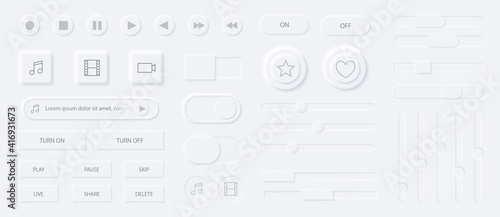 Neumorphism media player interface elements set. Modern web or mobile app design. Audio video player application. Volume control buttons, knobs. Minimal style neumorphism. Neumorphic UI UX interface.