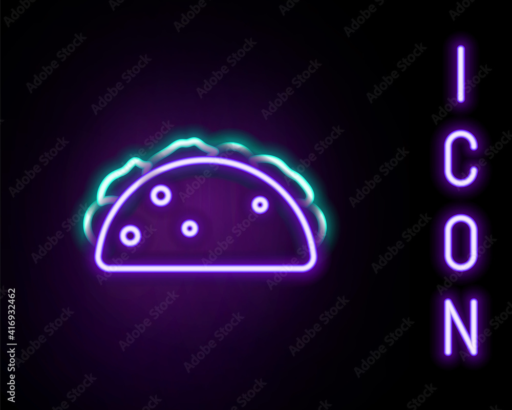 Glowing neon line Taco with tortilla icon isolated on black background. Traditional mexican fast food menu. Colorful outline concept. Vector. Glowing neon line Taco with tortilla icon isolated on black background. Traditional mexican fast food menu. Colorful outline concept. Vector.