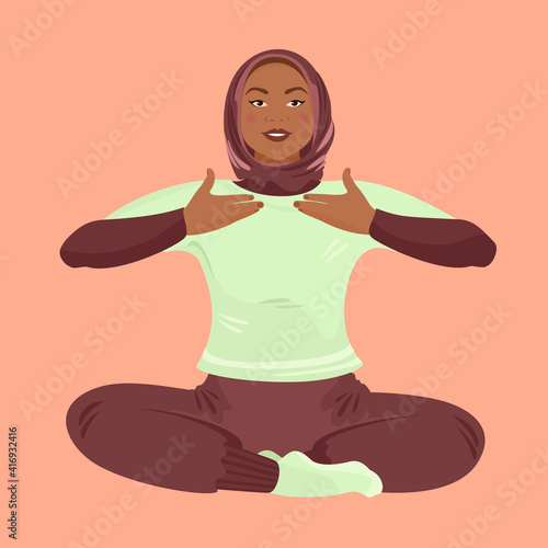 Abdominal Breathing. Young woman wearing burqa or paranja practice deep breathing. Breath Awareness Yoga Exercise. Vector flat cartoon Illustration.