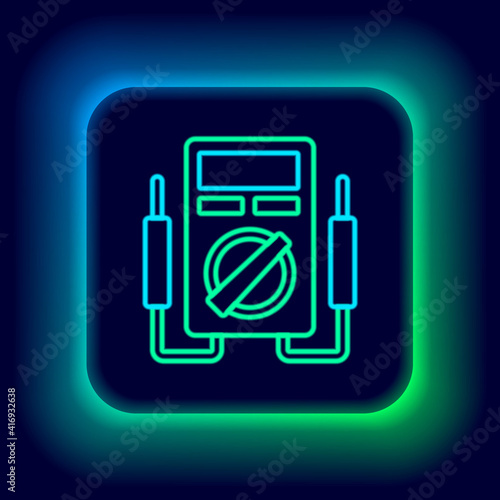 Glowing neon line Ampere meter, multimeter, voltmeter icon isolated on black background. Instruments for measurement of electric current. Colorful outline concept. Vector.