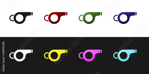 Set Whistle icon isolated on black and white background. Referee symbol. Fitness and sport sign. Vector.