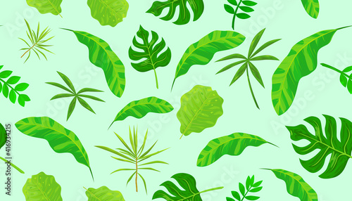 Seamless pattern of houseplants on green background. Vector illustration of tropical leaves. © Manovector