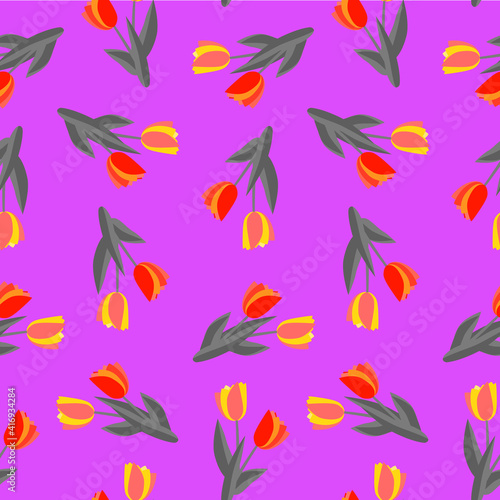 Vector tulips with leaves seamless pattern. © Stefan Grau