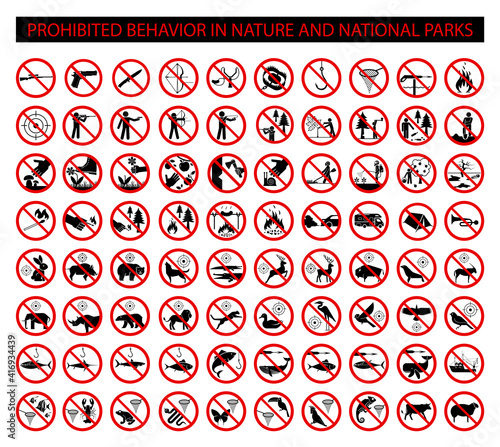 Set of 80 prohibition signs for national park. Prohibited behavior in nature and national parks.